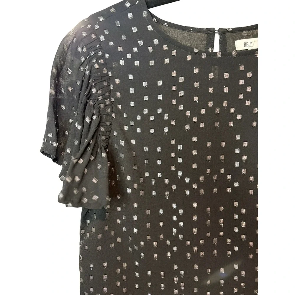 BB Dakota Black Silver Metallic Blouse Womens Size Small‎ Flutter Sleeve Top